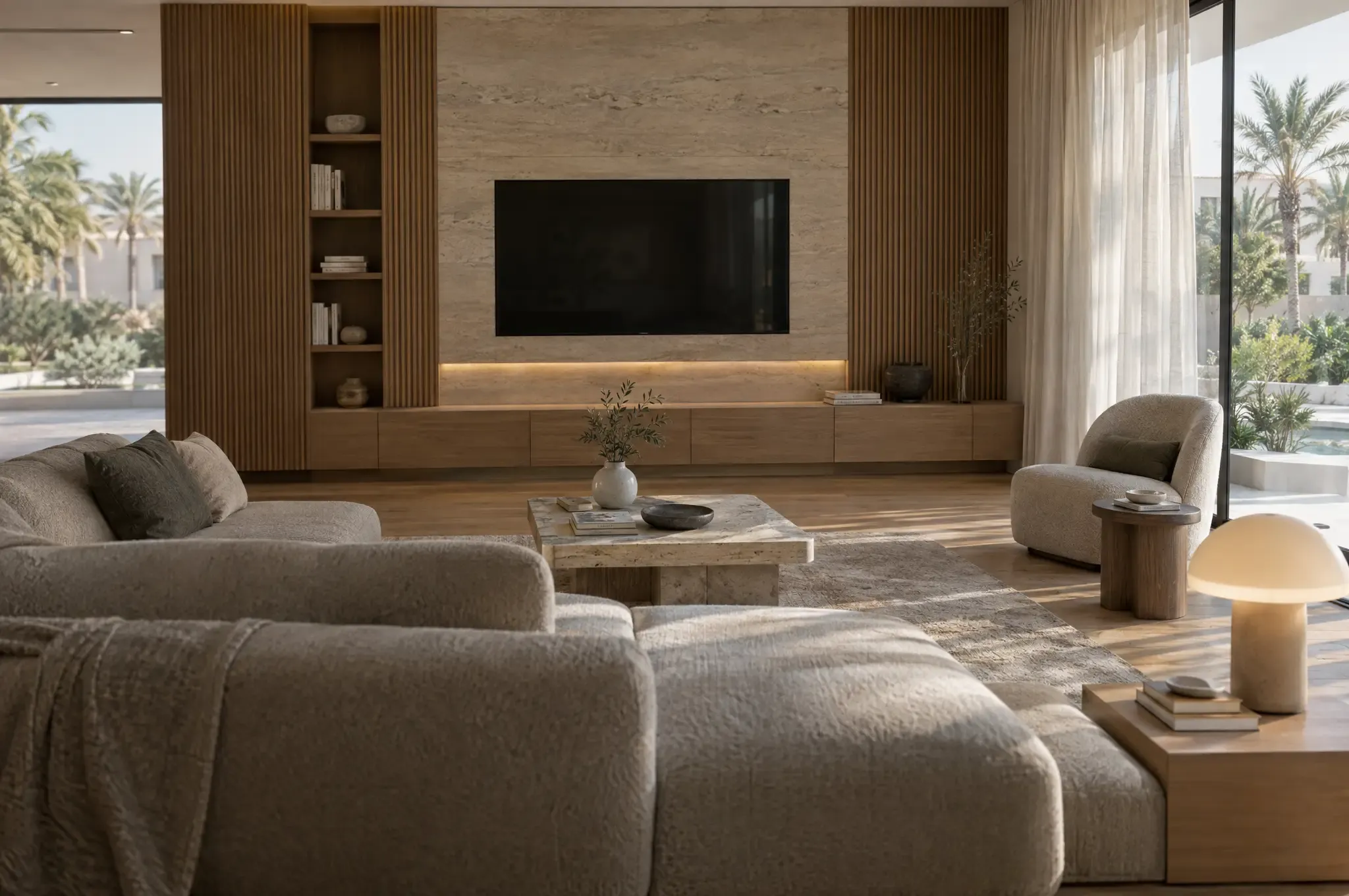 Living room with fluted oak panelling, a travertine media wall and an oak floor